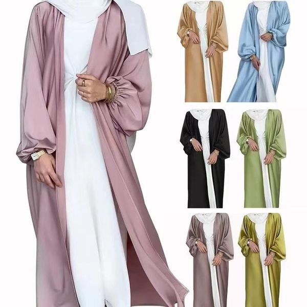 Kimono abaya aberto verão peru peru manga bufante cetim muçulmano hijab vestido abayas para mulheres cardigã robes