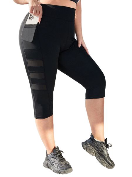 

plus four-way stretch wide waistband contrast mesh sports leggings with phone pocket w4el#, Black
