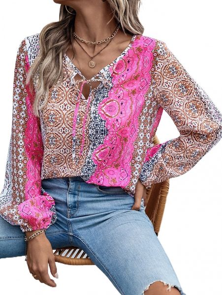 

paisley print lantern sleeve blouse g3f6#, White