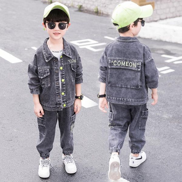 

clothing sets children's boys' autumn suit 2022 western style korean clothes handsome denim two-piece, White