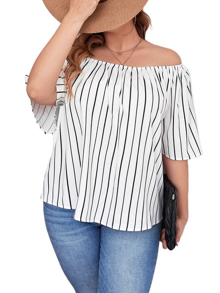 

plus vertical striped off shoulder blouse n6pk#, Black