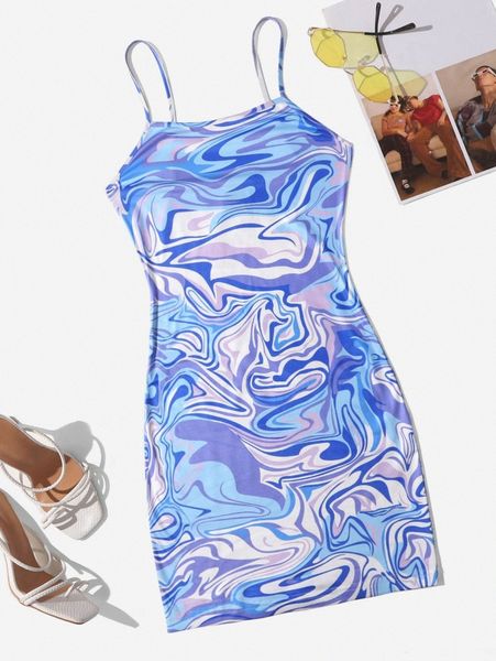 

marble print cami dress m1ai#, Black;gray
