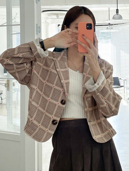 

dazy plaid & heart print button front blazer a365#, White