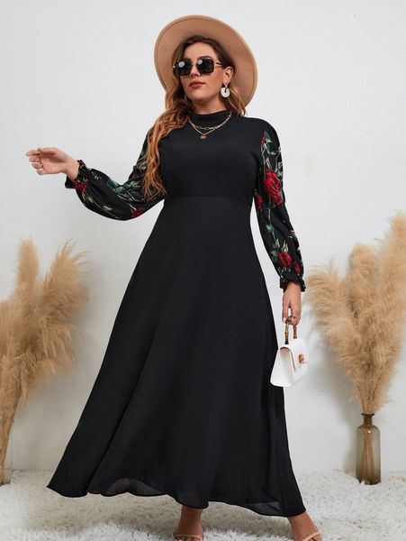 

plus floral print mock neck dress s6jc#, Black