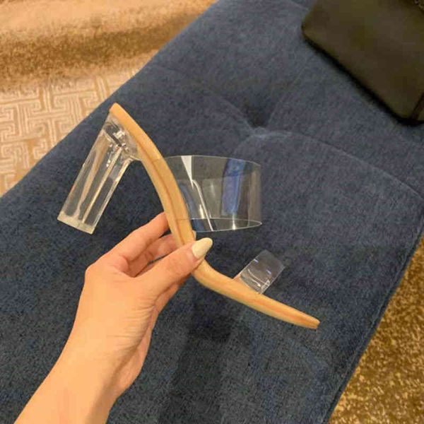 

dress shoes summer ins trendy net red fashion one line belt transparent sandals women's high heels crystal thick heel bdud, Black