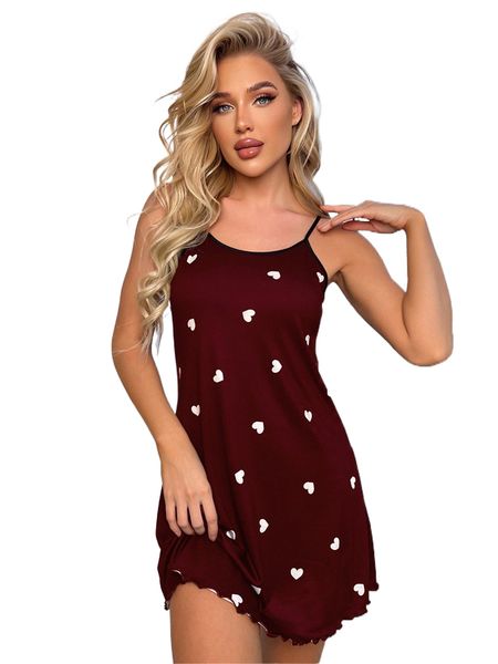 

heart print lettuce trim slip night dress p8zw#, Black;red