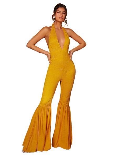 

tie backless plunging neck flare leg lace halter jumpsuit t9rl#, Black;white