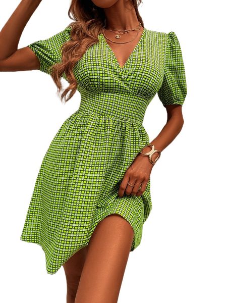 

plaid & geo print puff sleeve dress 18fz#, Black;gray