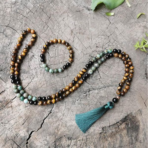 

pendant necklaces 8mm yellow tiger eyes turquesa africana black onyx japamala set meditation yoga spirit jewelry 108 mala beaded tassel neck, Silver