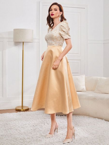 

puff sleeve a line dress v1hn#, Black;gray