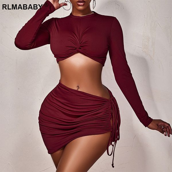 

o neck twist bow long sleeve crop tshirt high waist folds lace up hollow out 2 piece set women night club outfits set, Black;gray