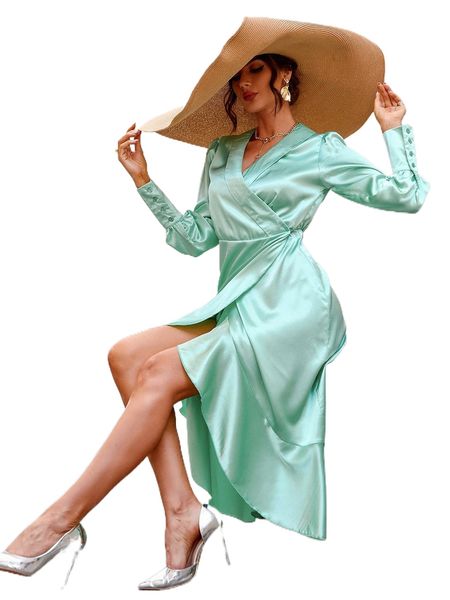 

overlap collar ruffle trim bishop sleeve satin dress z8zi#, Black;gray