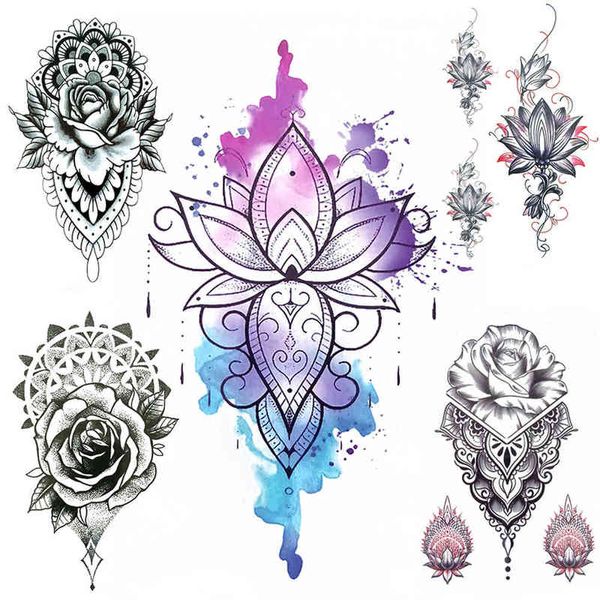 NXY Tatuagem Temporária Aguarela Lotus Falsa S Para As Mulheres DIY Mandala Henna Rosa Flor Peito De Mão De Renda À Prova D 'Água Pingentes Tatoo 0330