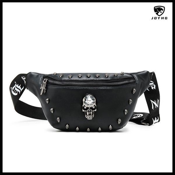 

rock skull men pu leather waist bag rivet chest bag punk black zipper belt bag adjustable belt fanny pack shopping phone bags 220428