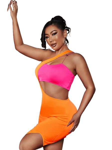 

colorblock split thigh cutout bodycon dress r2nw#, Black;gray