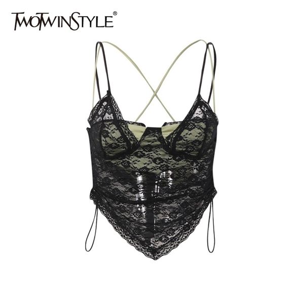 

twotwinstyle patchwork lace short vest for women square collar sleeveless fake two vests female fashion clothing style 220514, White