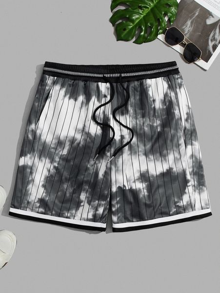 

men striped print tie dye drawstring waist shorts p24j#, White;black