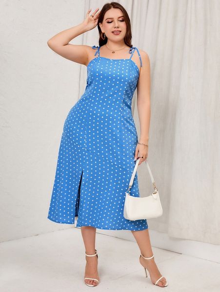 

plus polka dot tie shoulder slit hem cami dress n551#, Black
