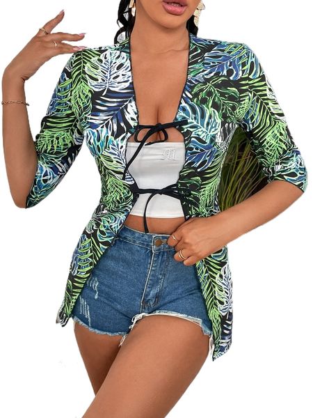 

sxy tropical print tie front blouse v4z2#, White