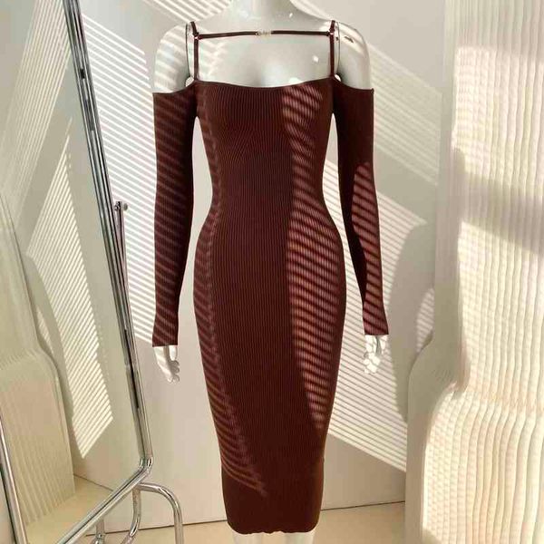 

casual dresses foreign trade original single one line collar metal buckle long sleeve off shoulder sling knitted medium length dress bottome, Black;gray
