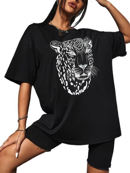 

leopard print drop shoulder oversized tee l77r#, White