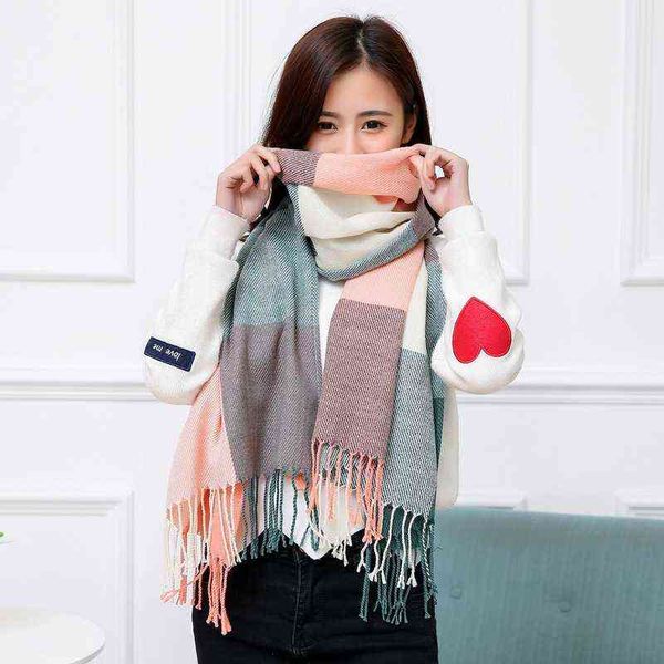 

korean autumn and winter warm imitation cashmere tassel student plaid scarf female shawl, Blue;gray