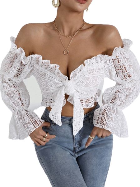 

ruffle trim bell sleeve tie front lace crop 82mk#, White