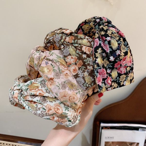

big bowknot printed floral hairband boho headband width turban woman's hair accessories headwear ornaments, Slivery;white