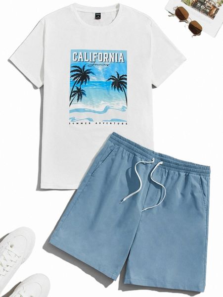 

men coconut tree & letter graphic tee & drawstring waist shorts k9fa#, Gray