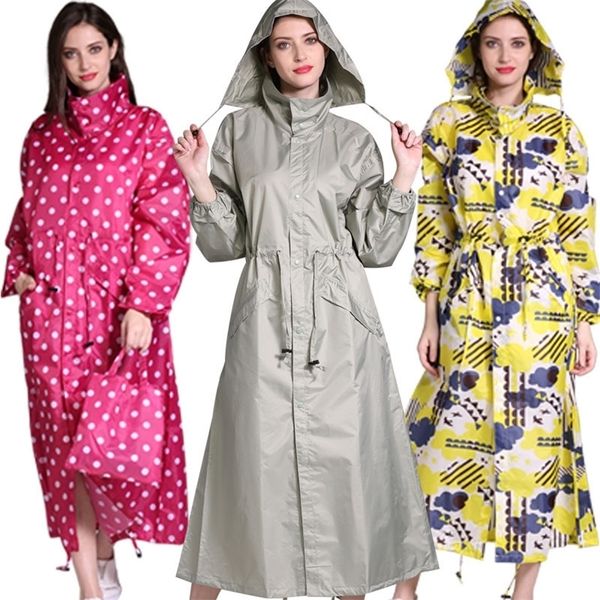 Senhoras encapuzadas Longa capa de chuva Mulheres de viagem Impermiável Poncho Glue Geral de Rainwear Colorful Travel Plástico Casacos de Rain 201016