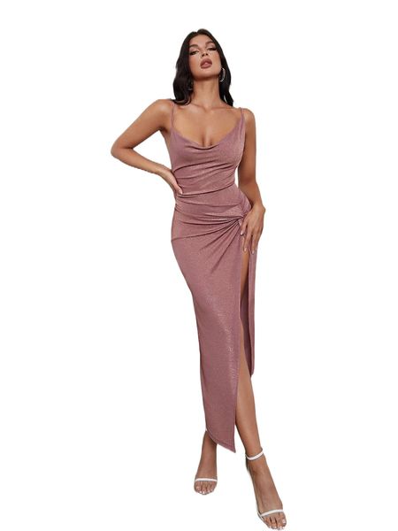 

twist front split thigh cami dress i9ld#, Black;gray