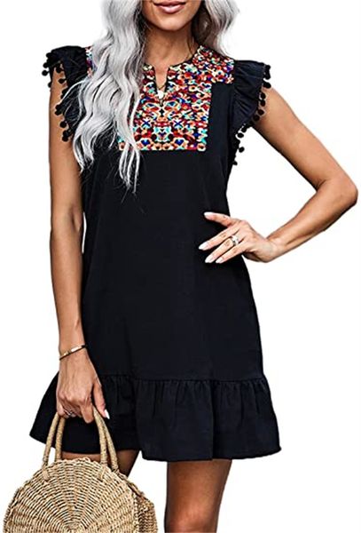 

& tees women's summer mini dress casual v-neck floral embroidery sleeveless shift dress flowing bohemian, White