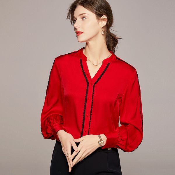 

95% silk 5% spandex women's shirt v neck long sleeves emboridery piping elegant fashion blouse camisas, White