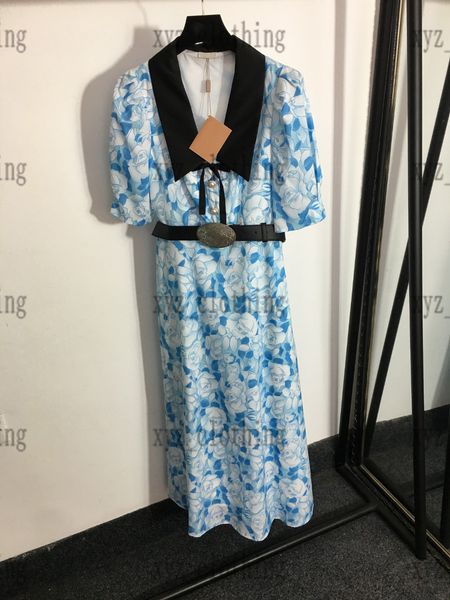 

22ss brand fashion blue women long dresses designer elegants print belt waist skirts long-sleeve lapel short sleeves dress simple and elegan, Black;gray