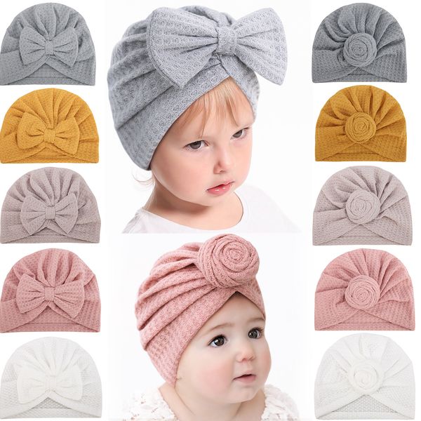 

newborn waffle bow knot hat baby indian caps girls knitted turban solid fetal cap soft cotton knotted head wraps kids bonnet beanie hair acc, Yellow