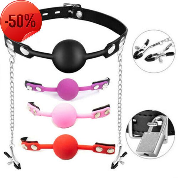

50% discount silicone mouth gags lock clamps breast harness slaves oral open fetish bondage game erotic toy for couple shop for couples, Black;white