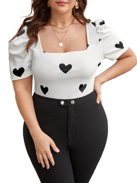 

plus heart print square neck puff sleeve tee c8ew#, Black