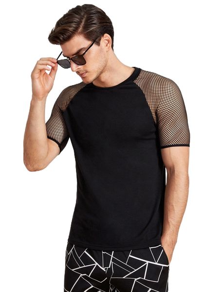 

men contrast fishnet raglan sleeve tee r2r0#, White;black
