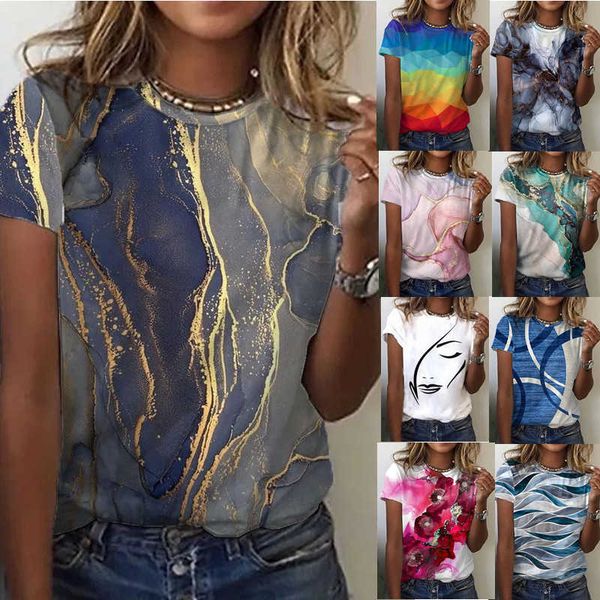 

2022 new 3d printed round neck loose short sleeve t-shirt top, White