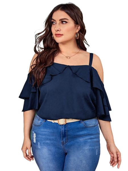 

plus cold shoulder ruffle trim 33mw#, Black