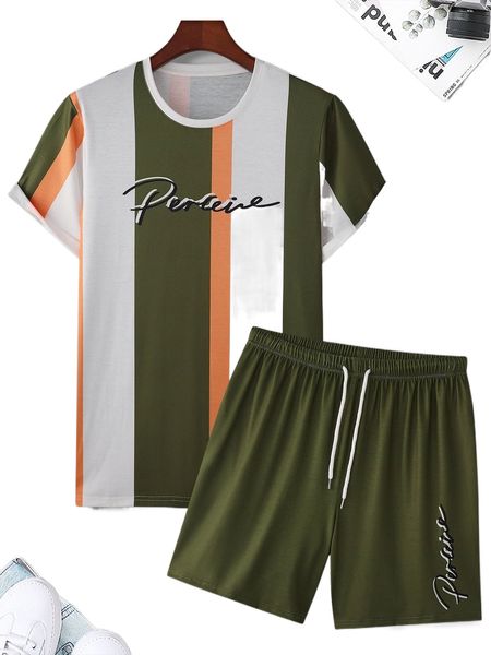 

men letter & color block print tee & drawstring waist shorts a3jb#, Gray