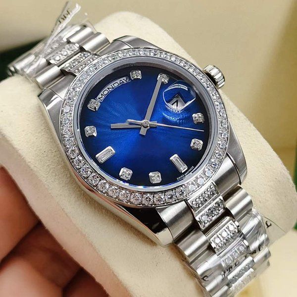 

men and women watches luxury sale automatic mechanical watch 36mm date diamond ring stainless steel middle row with diamond folding buckle, Slivery;brown