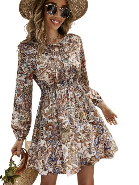 

paisley print tie neck shirred waist a-line dress j4tj#, Black;gray