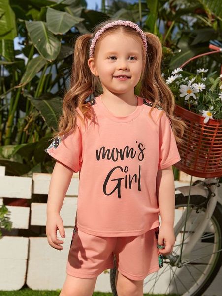 

toddler girls letter graphic contrast floral sideseam & shorts set she, White