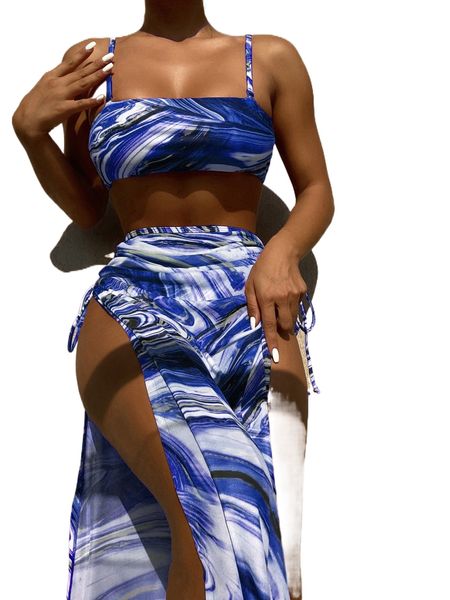 

3pack allover print bikini swimsuit & beach skirt k95l#, White;black
