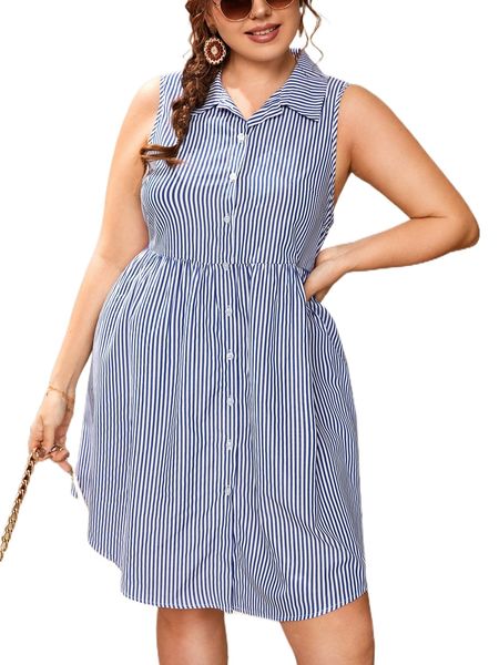 

plus striped print button front dress c6h0#, Black