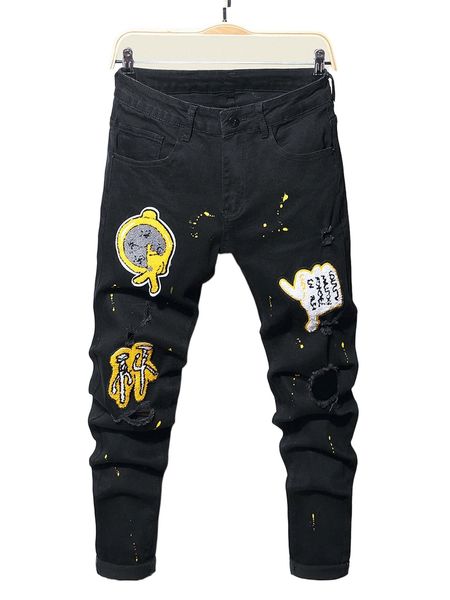 

men splash ink print patched detail ripped frayed jeans t8bu#, Blue