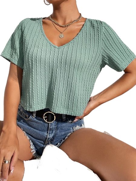 

solid cable knit v neck tee a2di#, White