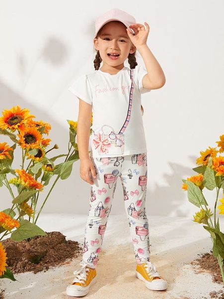

toddler girls letter & bag print tee & graphic pattern pants she, White