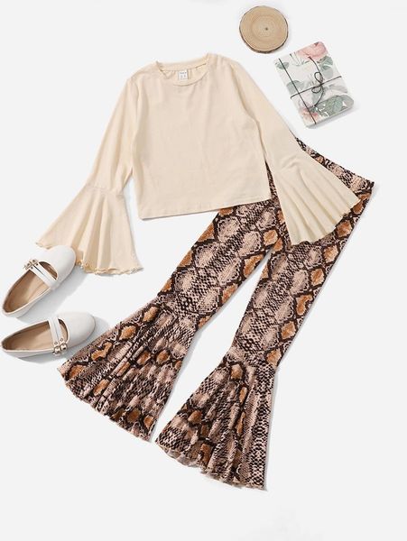 

girls flounce sleeve & snakeskin print flare leg pants she, White